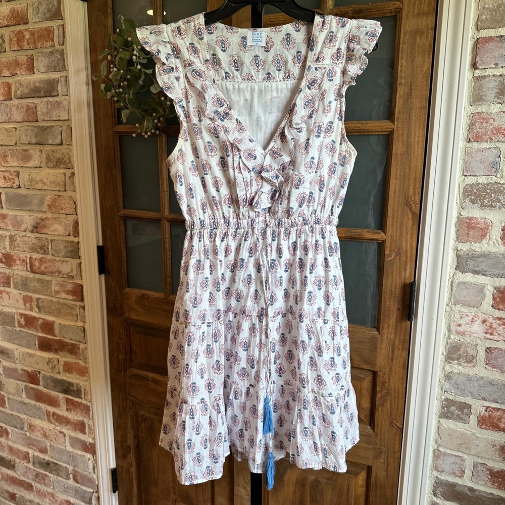 Mer St. Barth Mini Dress Womens Medium White Blue Print Ruffle Tassel Boho